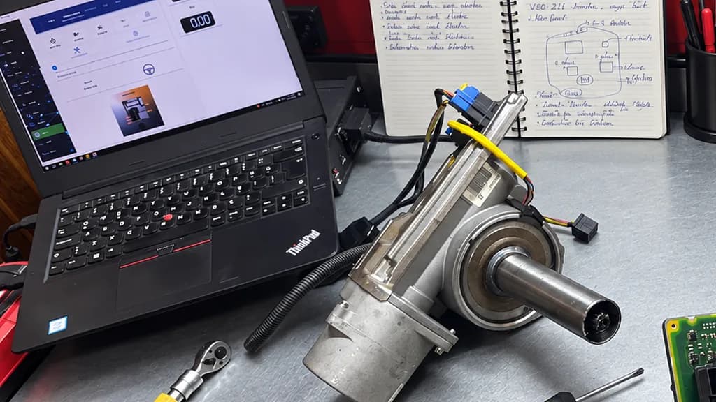 Arıza tespit bilgisayarının yanında tezgâhta duran elektrikli direksiyon kolonu